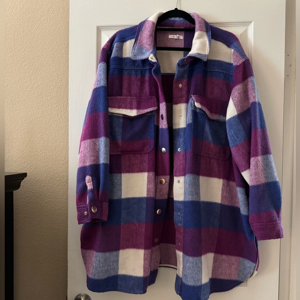 Maurices Plaid Teddy Jacket in Purple, Blue, and White